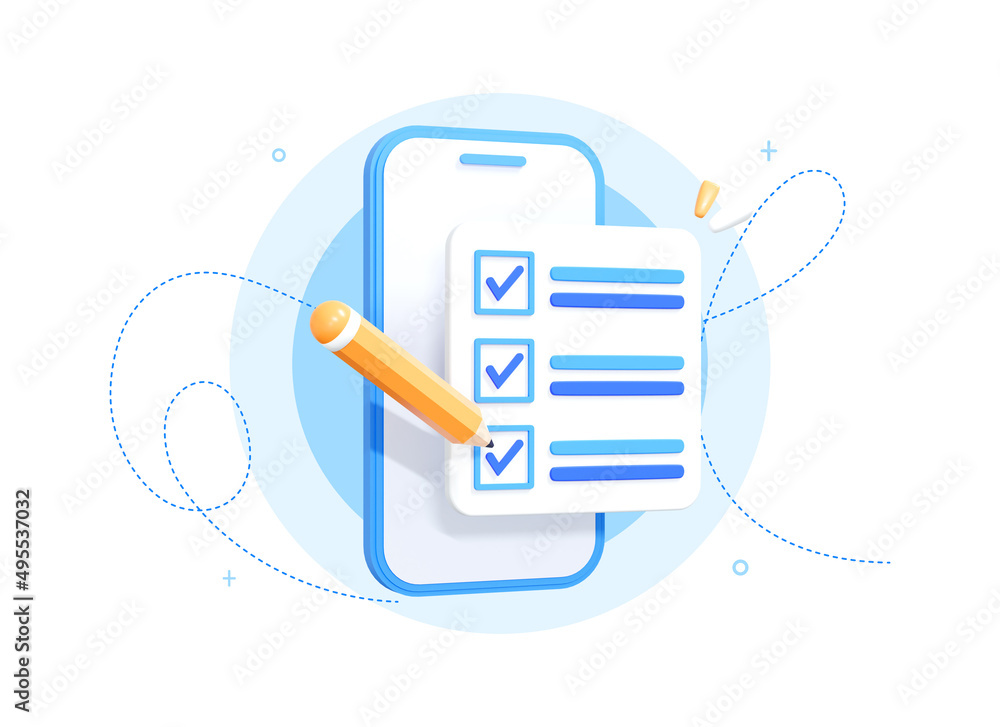 Poster 3d mobile phone with checklist. smartphone screen with checkmarks. to do list with completed tasks. 
