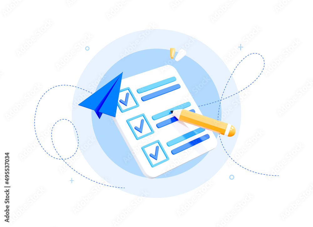 Poster 3d checklist or task list with completed business assignments. test or exam with correct answers and