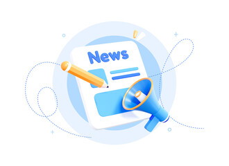 Concept News update with Megaphone. Newspaper or newsletter concept icon with loudspeaker. Daily press. Realistic elements isolated on white background. 3D Rendering