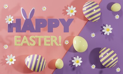 3D Easter greeting card. Happy Easter. Painted Easter eggs and bunny ears. 3d render illustration