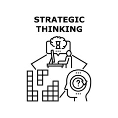 Strategic Thinking Vector Icon Concept. Strategic Thinking And Brainstorming, Developing Company Strategy On Computer At Workspace. Leadership Vision And Decision Black Illustration