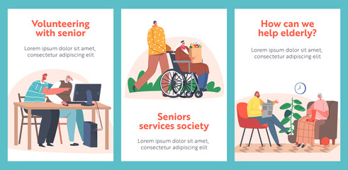 Caregiver Care of Elderly People Banners. Transportation by Wheelchair, Teach Use Pc, Caregiving, Social Help to Seniors