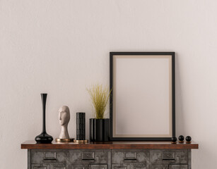 Single picture frame on an interior room console table with decorative accessories on it, 3d Rendering