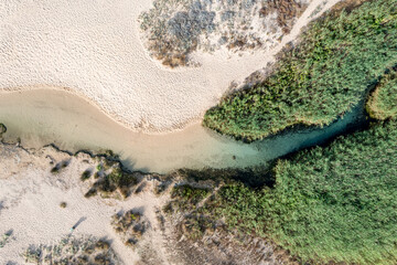 foce del fiume Borraco e spiaggia, vista aerea - Salento, Puglia, Manduria, Italy