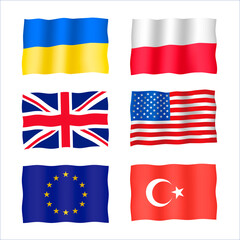 Set with waving flags. Ukraine, United Kingdom, Poland, American, Turkish and European union flags. Colored raster illustration