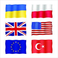 Set with waving flags. Ukraine, United Kingdom, Poland, American, turkish and European union flags. Color vector illustration EPS 10