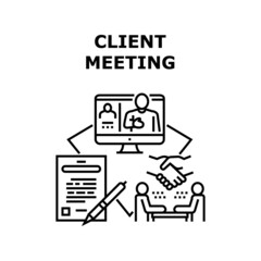 Client Meeting Vector Icon Concept. Remote Client Meeting And In Office, Discussing Deal And Signing Contract. Video Call Communication And Discuss In Conference Room Black Illustration