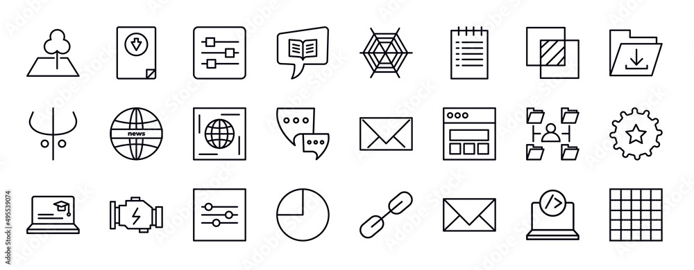 Poster web editable line icons set. web thin line icons collection. land, downloading file, sliders, book a