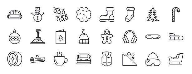 winter editable line icons set. winter thin line icons collection. goggles, snowman, lights, snow ball, snow boot, christmas sock, fir vector illustration.