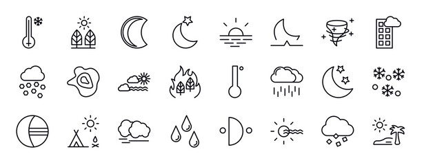weather editable line icons set. weather thin line icons collection. freezing, daytime, waning moon, twilight, sunshine, moonrise, tropical cyclone vector illustration. - obrazy, fototapety, plakaty