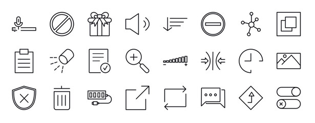 user interface editable line icons set. user interface thin line icons collection. voice message, forbbiden, giftbox, medium volume, sort down, subtraction, connectivity vector illustration.