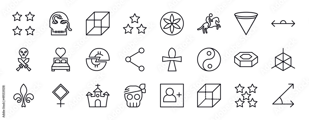 Poster shapes editable line icons set. shapes thin line icons collection. star with number four, skull and 