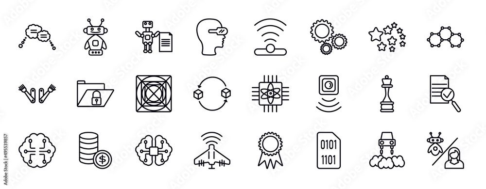Poster artificial intellegence editable line icons set. artificial intellegence thin line icons collection.