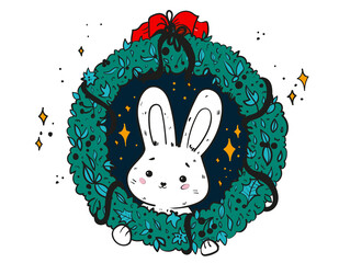 Cute cartoon bunny with a festive wreath. Doodle illustration of a rabbit. Print for postcard or poster.