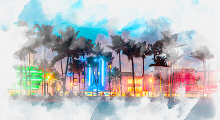 Naklejka premium Watercolor painting illustration of Ocean Drive hotels and restaurants at sunset. City skyline with palm trees at night. Art deco nightlife on South beach