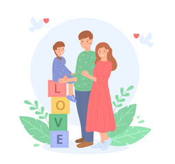 Young family kid together, flat style. Happy parents standing next to their little daughter, who is sitting on cubbies. Family values. Peace. Cute vector illustration, isolated on white background.