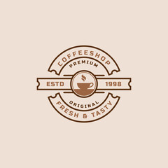 Classic Retro Badge Coffee Shop Logos. Cup, beans, cafe vintage style design vector illustration