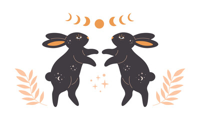 Rabbits with astrology, esoteric, mystic and magician elements. Year of the Rabbit. Hand drawn vector illustration
