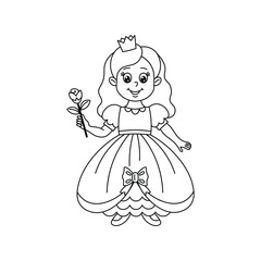 A beautiful cute princess girl drawn for a coloring book, isolated on a white background