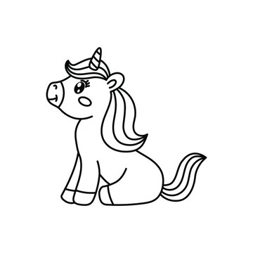 Cute cartoon unicorn. Black and white vector children's illustration for coloring book