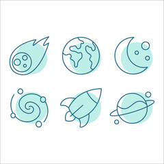 A set of infinite space, lost space, planet logo, flying rocket. moon and comet