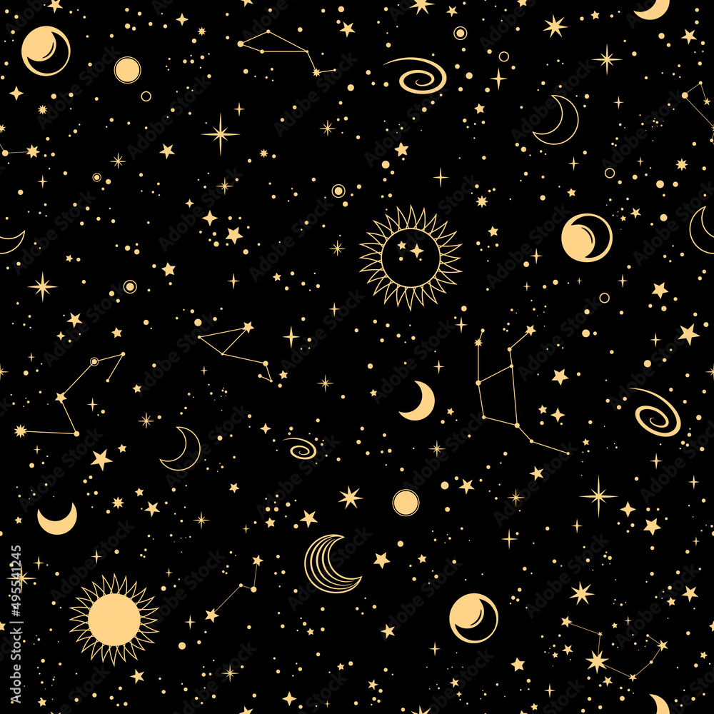 Wall mural seamless image of starry cosmos with various elements