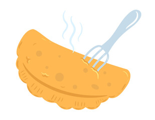 Hot cheburek with a fork in cartoon style. Appetizing patty with meat on a white background. Bakery restaurant logo.