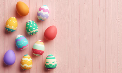 Painted easter eggs on a wooden red table. Banner design template in pastel colors and copy space background. Modern flat lay style. Horizontal poster, card or header for website in 3D illustration