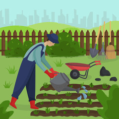 gardens  grass  cultivation  box  growing  harvest  landscape  greenhouse  water  boy  volunteer  village  character  man  farmer  yard  nature  gardener  equipment  watering can  environment  agricul © elina_polivanova