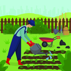 Vector illustration of a gardener watering a vegetable garden in a flat style. A farmer in a blue uniform with garden equipment: watering can, shovel, broom, cart grows plants