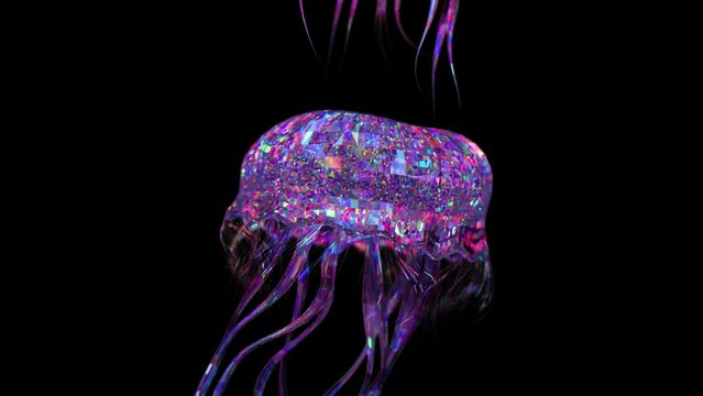 The concept of nature and animals. Diamond jellyfish swim on a dark background. Blue pink neon light. 3d animation