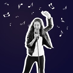 Young girl, hipster, performing, singing . Sing concert. Concept of music lifestyle. Contemporary...