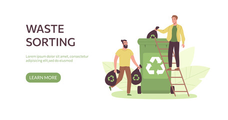 Waste sorting landing page. People sort garbage. Zero waste lifestyle. Ecological concept of recycling materials. Man's concern for the environment. Flat style