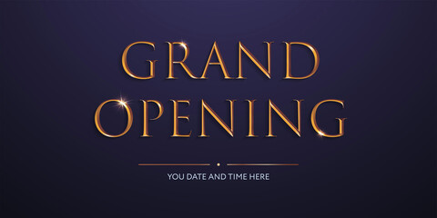 Grand opening. Vector design template. Gold glowing elegant inscription on dark blue backdrop