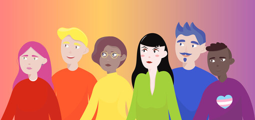 Non-binary international people: lesbians, gays, transgender people, queers and other representatives of the LGBTQ community. Pride Month.Flat vector illustration