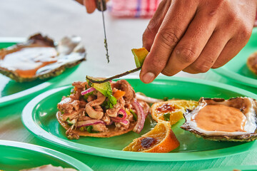 Traditionally made Mexican ceviche. Fish strips with tomato, lettuce, onion, avocado, orange.