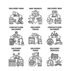 Delivery Service Set Icons Vector Illustrations. Delivery Service Worker Contactless Delivering Food And Drink At Home Or Office, Truck And Scooter. Payment For Order Black Illustration