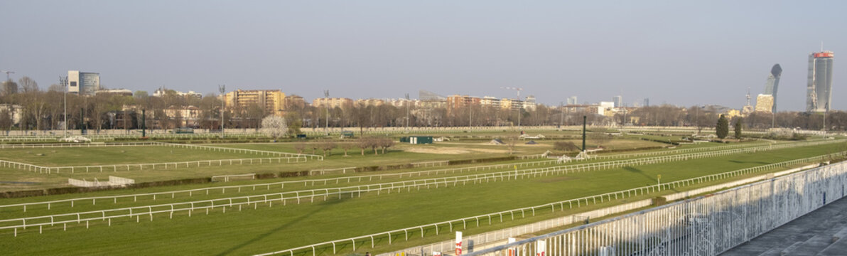 Milan, Italy - 27 03 2022 Ippodromo San Siro di Milano, Gare di Galoppo. Panoramica verso Lampugnano, QT8, CityLife.