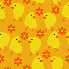 Easter chicks seamless pattern, flowers and birds on orange background