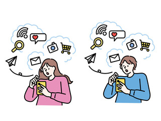 スマートフォンを持った男女のイラスト(スマホ、SNS、ソーシャル、キャッシュレス、ネットワーク) Illustrations of men and women holding smartphones.Smartphones, SNS, social networks, cashless networks.