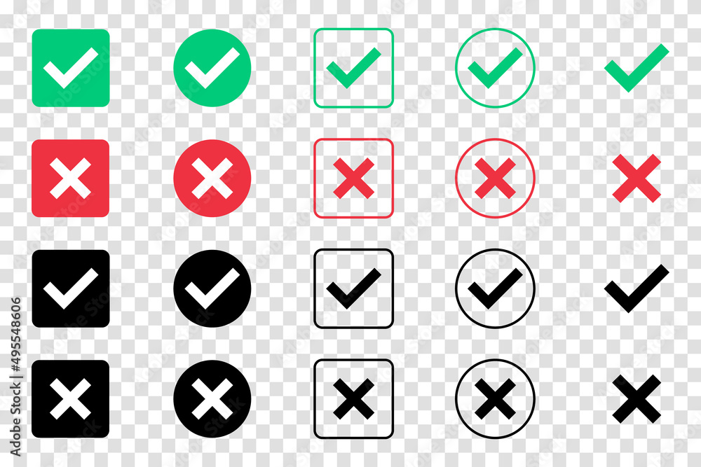 Poster green check mark and red cross mark icon set. isolated tick symbols. checklist signs. approval badge