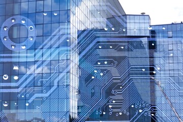 Technology concept. Panoramic view skyscrapers. Cityscape of the capital.