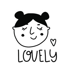 Portrait of smiling woman expressing favor. Good mood. Female cheerful character in cartoon style. Happy positive person face with smile. Girl icon in line art, doodle design.
