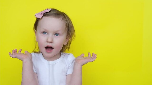 Portrait of surprised little preschool girl with hands at face look on yellow background