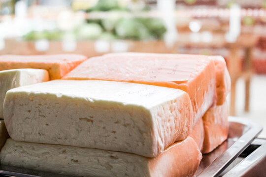 Different kinds of delicious cheese on super market