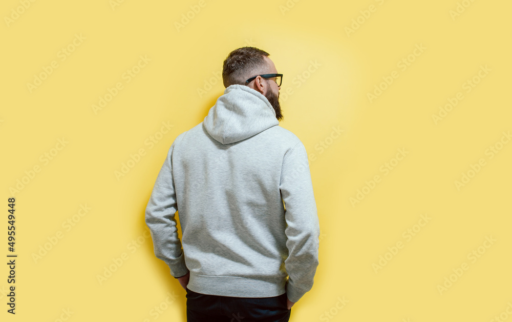 Wall mural Studio portrait of handsome hipster guy with beard wearing gray blank hoodie with space for your logo or design. Mockup for print. Back view - Wall murals