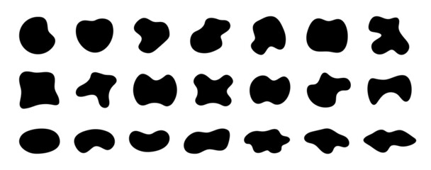 Organic abstract blobs, shapes. Irregular round blobs in random. Vector. Circle pebbles and liquid black oval stains. Fluid silhouettes of splodge
