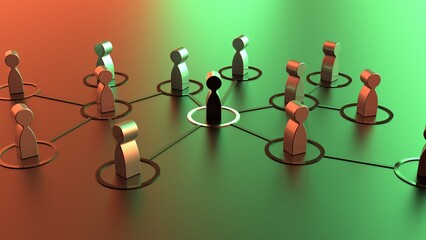 Chain of silver human figurines connected by black lines under orange-green lighting. Cooperation and interaction between people and employees. Dissemination of information in society, rumors. 3D CG.