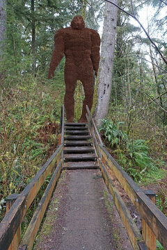 This is a photoshoped photo with a rendering of a sasquatch on a hiking trail.