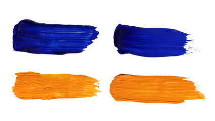 Oil paint brush strokes. Blue and yellow texture on white background.